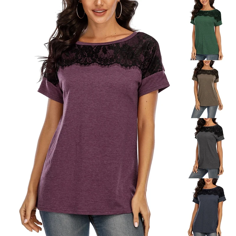 

Women's Fashion Casual Short Sleeve Lace Shirt Stitching T-Shirt Top