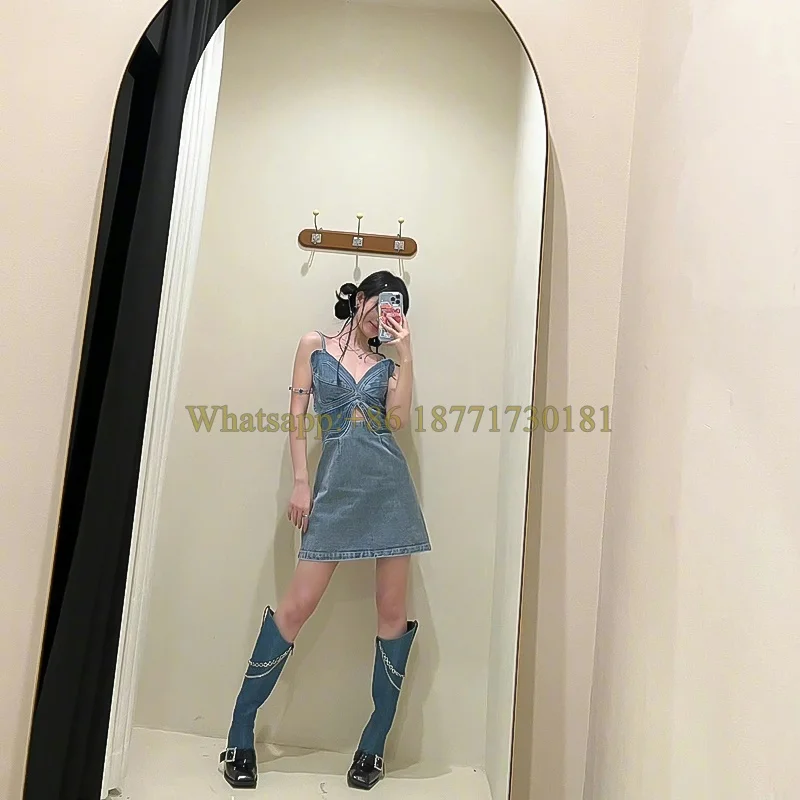 Denim Mixed Colors Square Toe Block Heel Boots Metal Chain Knee-High Boots Woman Winter 2022 Black Side Zip Buckle Skinny Boots