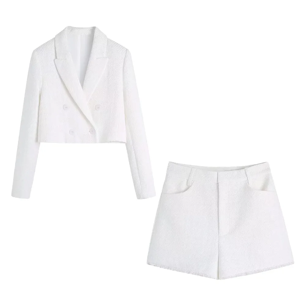 

Women's 2022 New Fashion Double Breasted Textured Blazer Casual Retro Solid Color Female Chic Jacket + High Waist Shorts Suit
