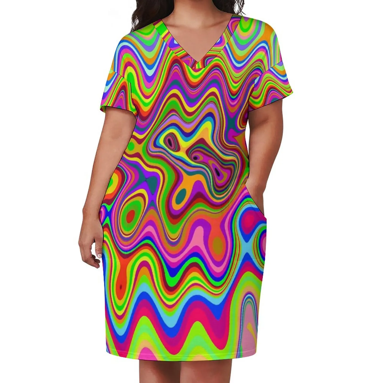 Psychedelic Pop Art Dress Plus Size Liquid Swirl Print Street Style Casual Dress Lady Summer V Neck Modern Dresses Birthday Gift