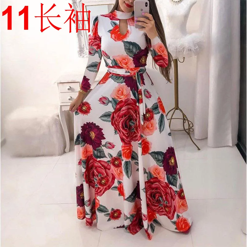 

Women's Maxi Dress Flower Long Sleeve Tie Hollow Sexy Retro Printing Fashion Party Robe S-5XL
