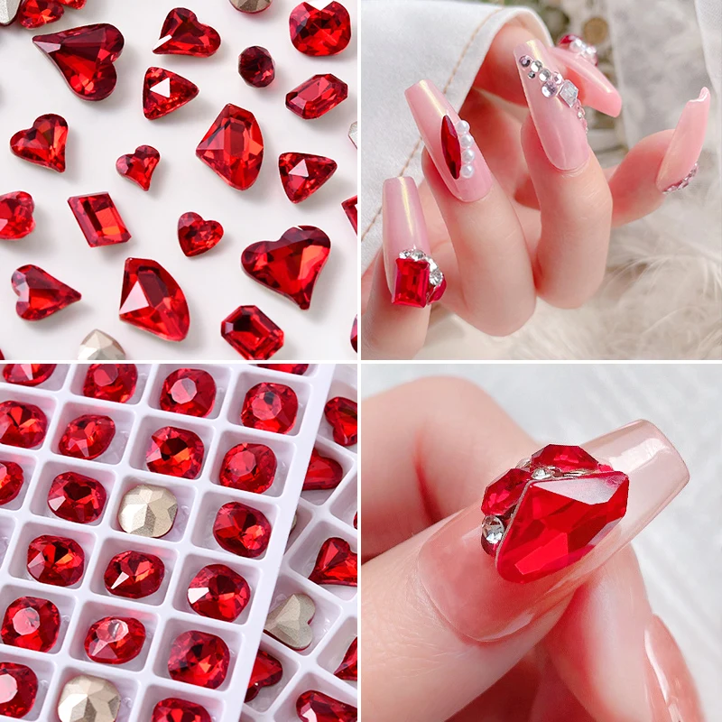 

Очаровательные красные хрустальные украшения для дизайна ногтей, блестящие искусственные персиковые сердца специальной формы, искусственные аксессуары для маникюра, оптовая продажа