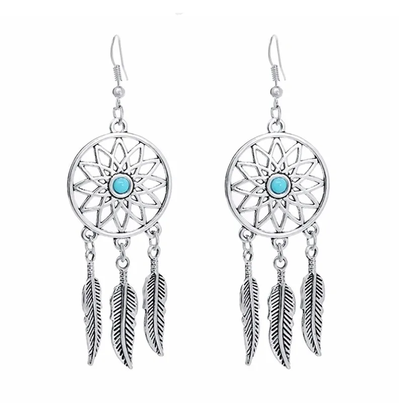 

Women's Retro Earring Turquoise Dreamcatcher Dangle Drops Earrings Feathers Bead Antique Silver
