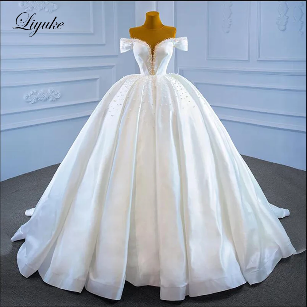 

Liyuke Ruched Skirt Pleats Satin Wedding Dress Off Shoulder Pearls V Neck Bridal Gowns