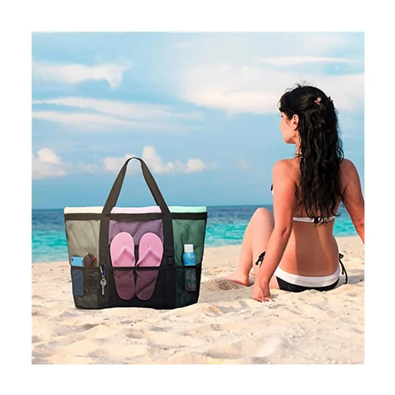 8 Pockets Summer Large Beach Bag For Towels Mesh Durable Beach Bag For Toys Waterproof Underwear Pocket Beach Tote Bag