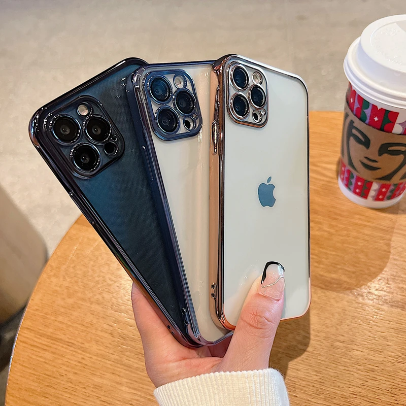 

For iPhone 13 12 11 Pro Max Plating Frame Clear Phone Case For iPhone X XS XR 7 8 Plus SE Luxury Soft Silicone Transparent Cover