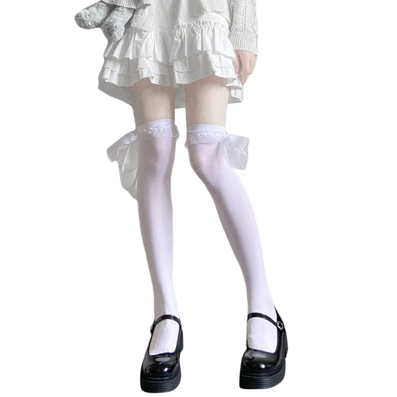 

Japanese Ribbon Lace Bow Thigh High Stockings Women Lolita Student Harajuku Kawaii Solid Color Over Knee Long Socks