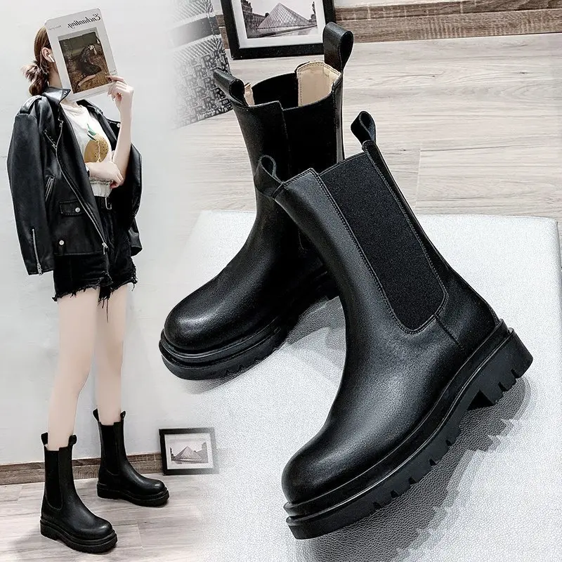 

Genuine Leather Autumn Boots For Women Platform Chelsea Boot Spring Cowhide Booties Fashion Female Thick Bottom Black Bootie 40