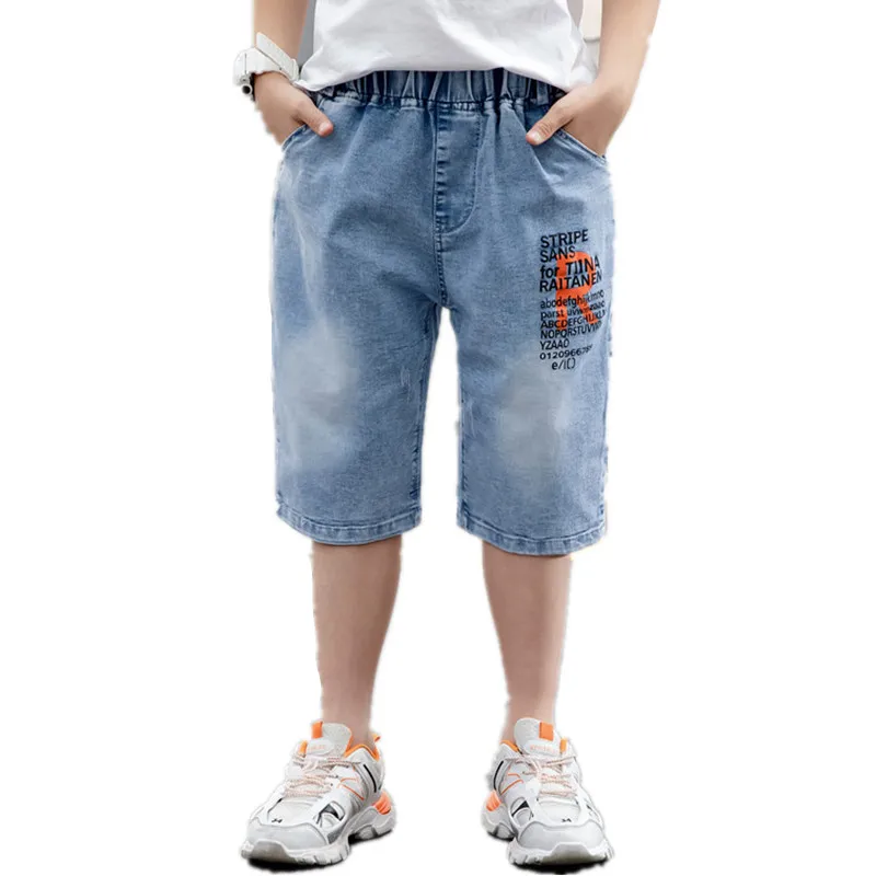 

2022 New Fashion Children Short Pants Casual Kids Summer Baby Boys Blue Color Loose Denim Shorts Letter Print Age 5 To 13 Years