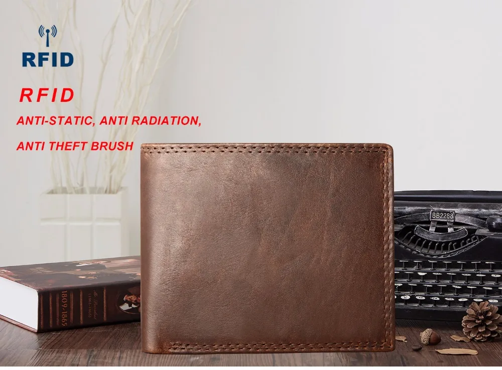 GENODERN Cow Leather Men Wallets with Coin Pocket Vintage Male Purse RFID Blocking Genuine Leather Men Wallet with Card Holders images - 6