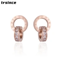 luxury brand upscale titanium steel double wound roman numerals crystal stud earrings for women jewelry accessories