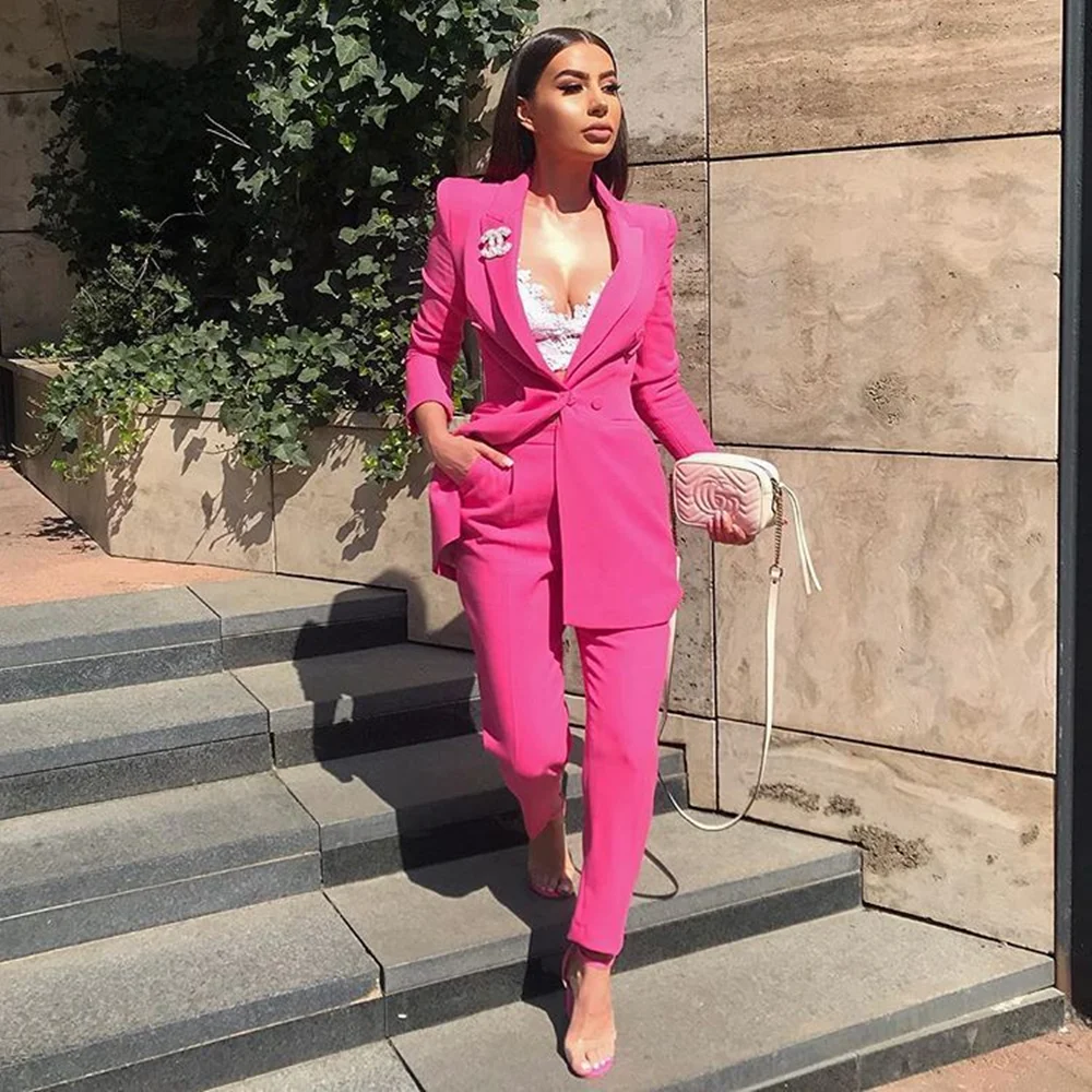 Hot Pink Single Breasted New Design Formal Women's Suit For Work Slim Fit Fashion Casual Plus Size Jacket Blazer Pants