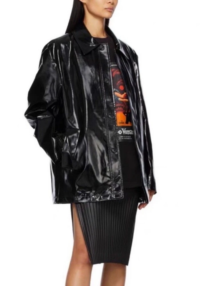 

2022 Spring and Autumn New Lapel Single-breasted Back Reflective Letter Print We Women Casual Faux Leather Jacket Coat