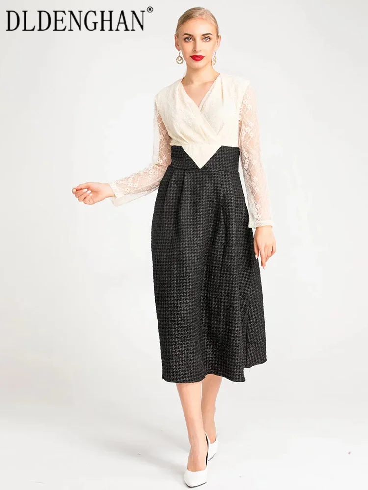 

DLDENGHAN Fashion Designer Spring Dress Women V-Neck Lace Hollow Out Long Sleeves Plaid Tweed Patchwork Office Lady Dresses