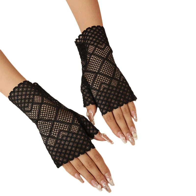 

Sexy Transparent Fashion Hollow Grid Gloves Elastic Bridal Etiquette Half Finger Gloves See Through Fishnet Gloves