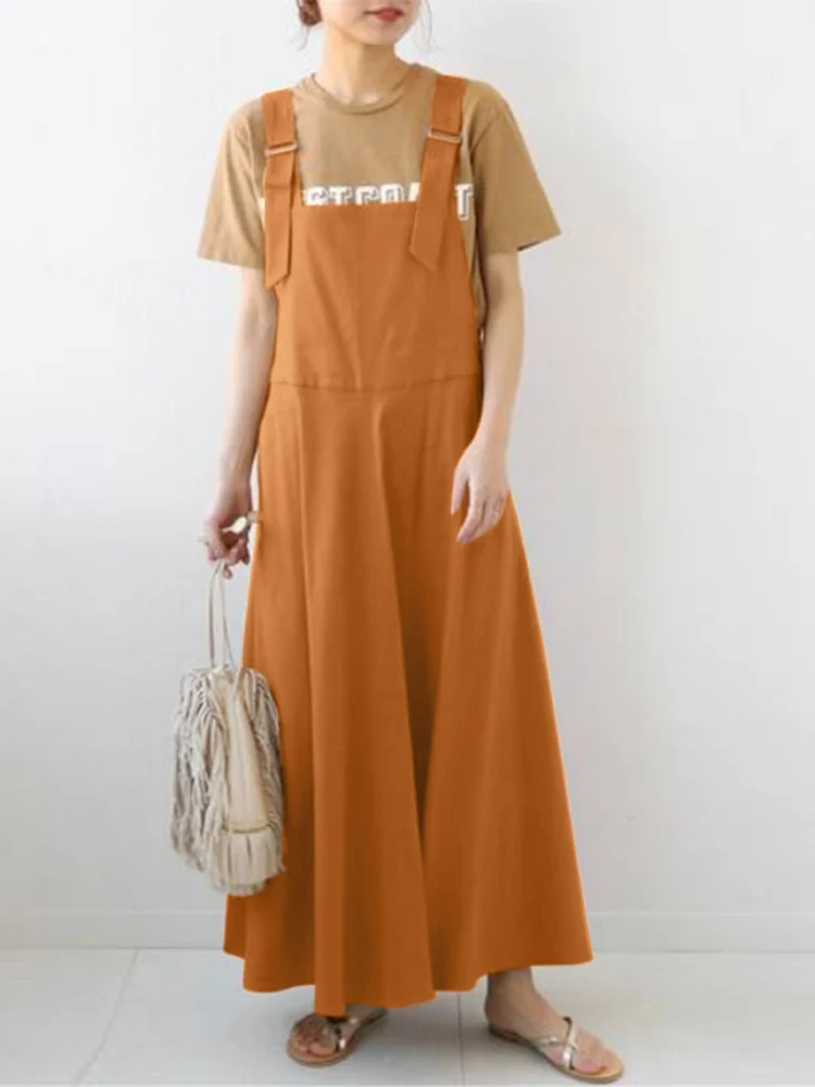

Платье ZANZEA женское на бретельках, модный однотонный длинный сарафан-трапеция с квадратным вырезом, повседневное свободное макси, большие размеры, на лето