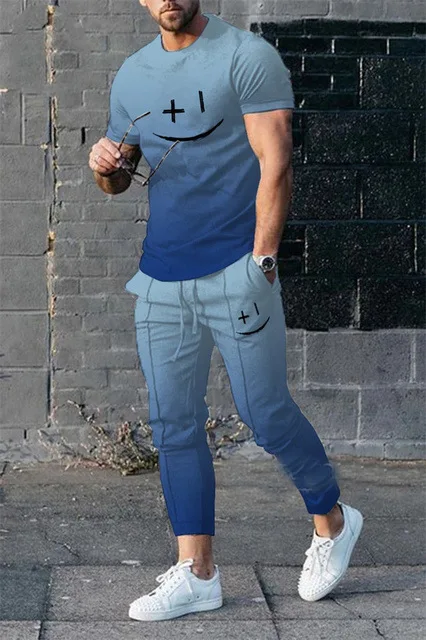 Men's Tracksuit 2 Piece Outfit Set Fashion Hip Hop 3D Smiling Face Printed Sportwear Suit Oversized Men Clothing Jogging Set