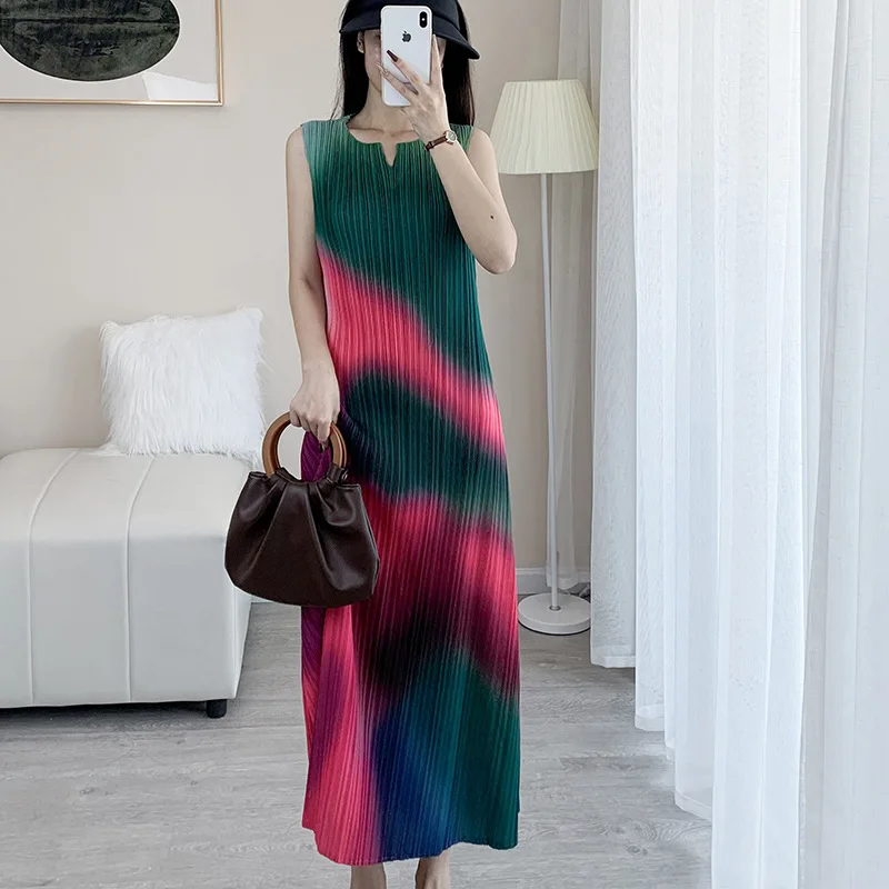 Tank Dress Summer For Women 45-75kg 2022 New Fashion Casual Printed Round Neck Sleeveless Stretch Miyake Pleated Long Dresses