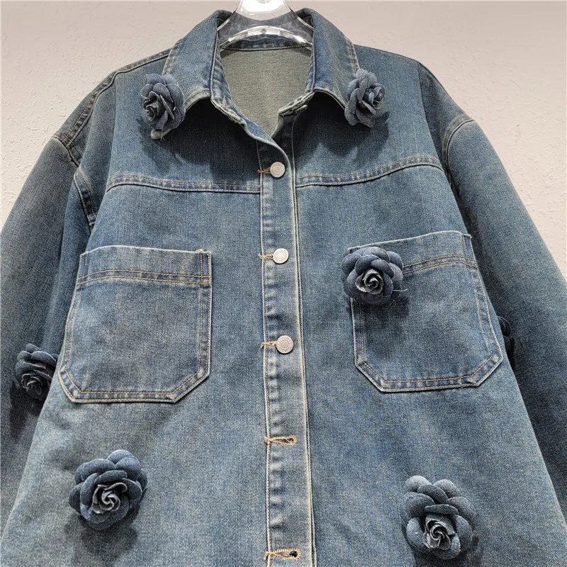 202 трехмерная джинсовая рубашка с длинными рукавами и лацканами в виде розы