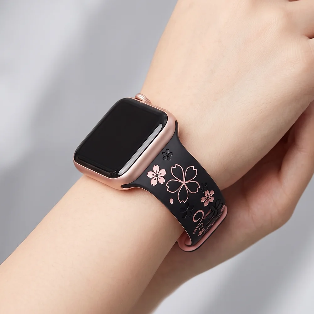 Ремешок с цветочным узором и гравировкой Sakura для Apple Watch, 40 мм, 41 мм, 42 мм, 44 мм, 45 мм, 46 мм, 49 мм, силиконовый спортивный ремешок для iWatch Series 11, 10, SE, 9, 8, 7, 6 (art.: 3920da7ed3264) - 3920da7ed3264