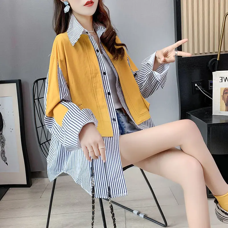 Полосатый пэчворк мода поддельные две части рубашка пальто весна осень с длинным