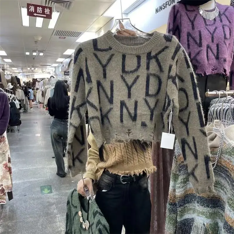 Корейский свитер с круглым вырезом и буквами осенние модные свободные пуловеры