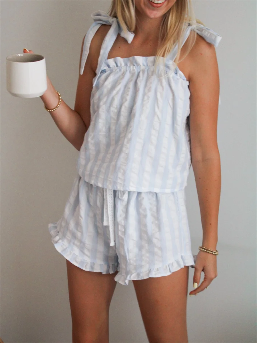 Женский пижамный комплект Y2k в полоску с бантом на плечах бретелях без рукавов