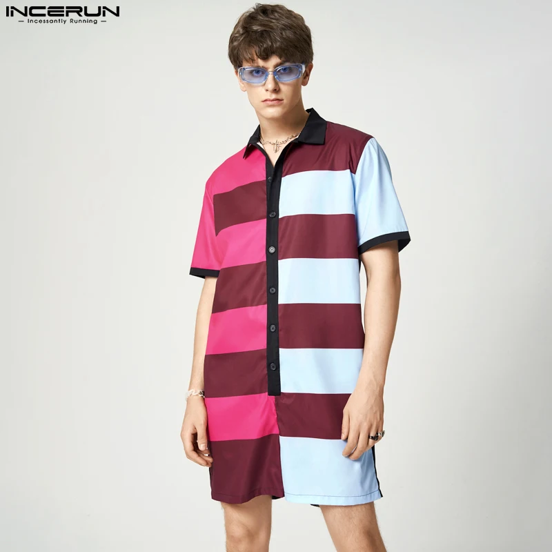 

Fashion Men Rompers Patchwork Lapel Short Sleeve Button Casual Jumpsuits Men 2023 Streetwear Overalls Playsuits S-5XL INCERUN