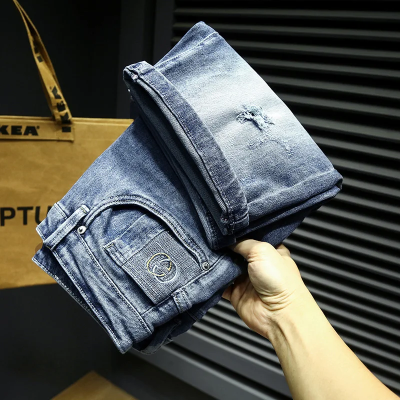 Men's Denim Pants Fashion Loose Wide Leg Jeans Casual Streetwear Printed Cross Trousers Pure Cotton Pants Baggy Men Jeans