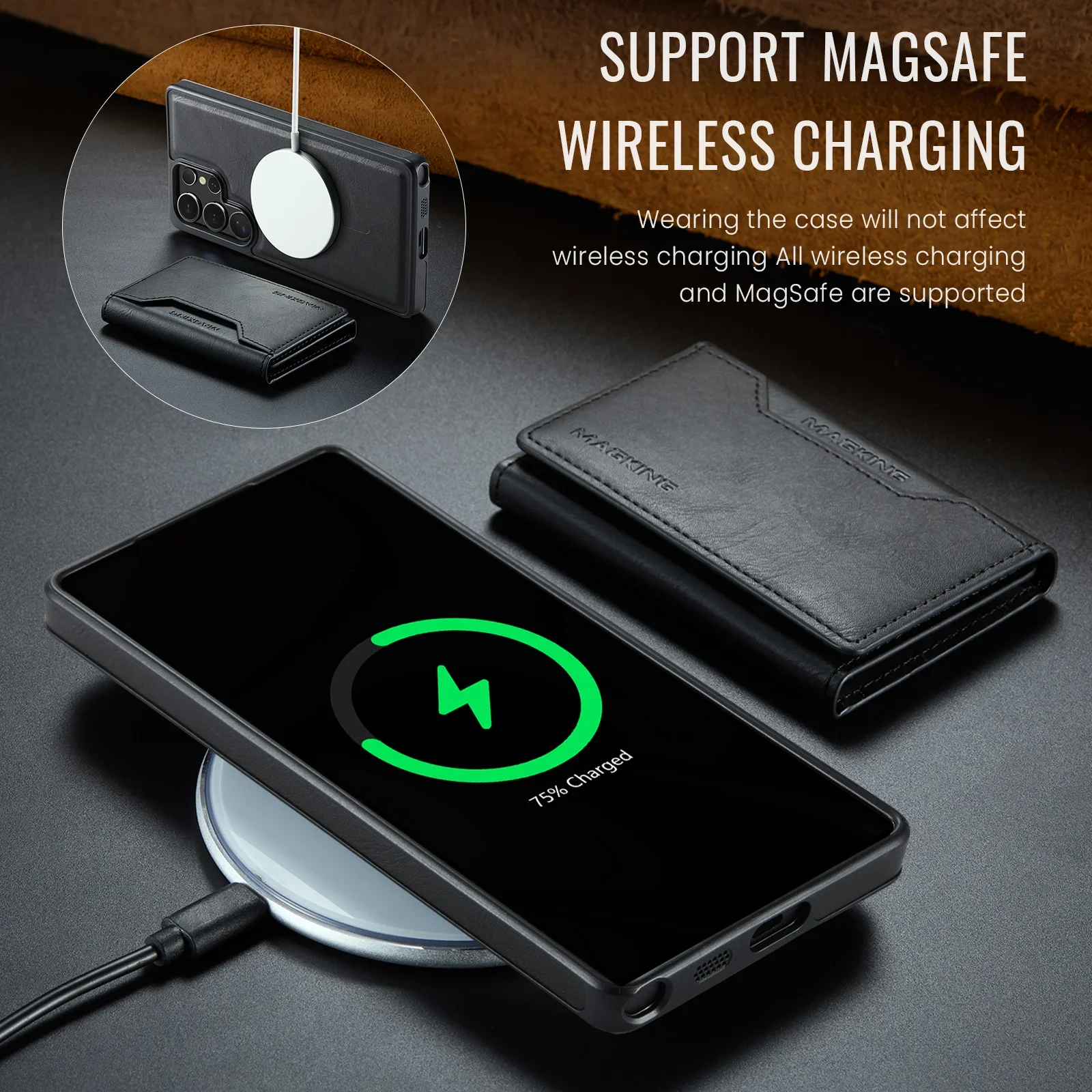 Фото Чехол 2 в 1, для Samsung Galaxy S25 S24 Ultra Plus FE, беспроводное зарядное устройство, Magsafe, кошелек, карман для карт, магнитный чехол с подставкой №4
