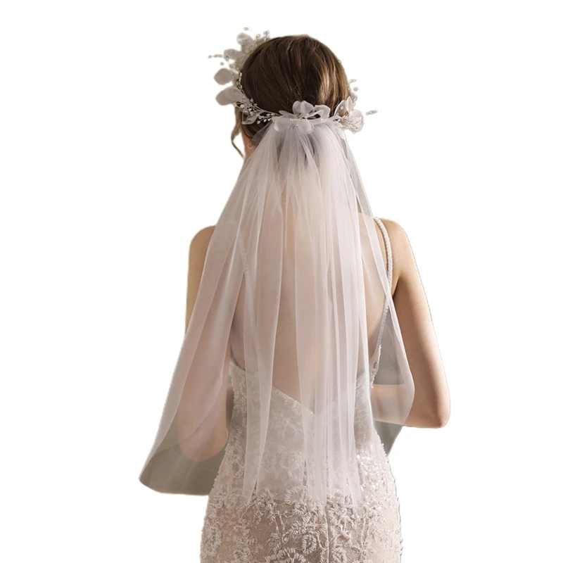 

U90E Flower Girl Veil Leaves Veils Wedding Hair Accessories White Floral Leaves Wedding Veil Scarf Mantilla Hairband
