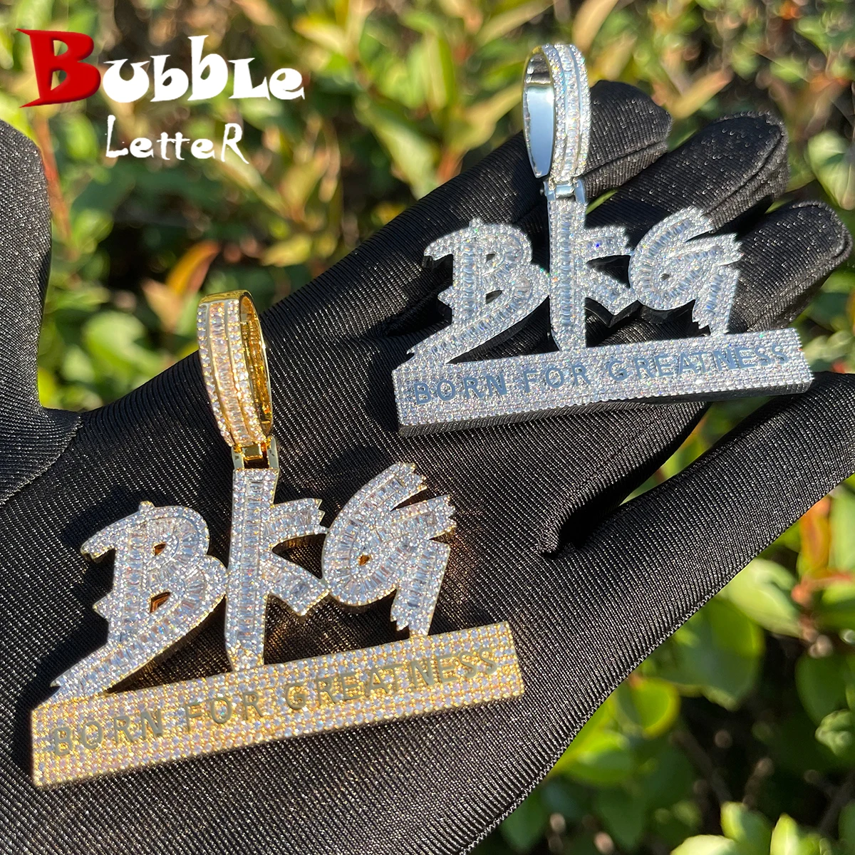 

Bubble Letter Iced Out Pendant for Men Born for Greatness Necklace Prong Setting Double Color Hip Hop Jewelry