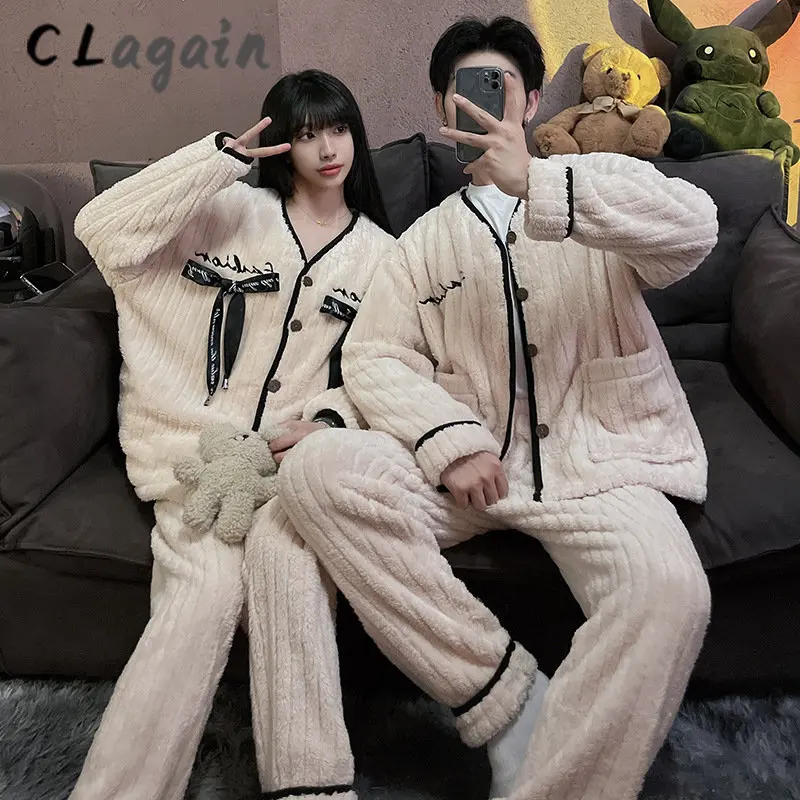 2022 Winter New Couple Home Clothes Women's Flannel Long-Sleeved Trousers Sleeping Wear Plus Velvet Thick Coral Fleece Pajamas