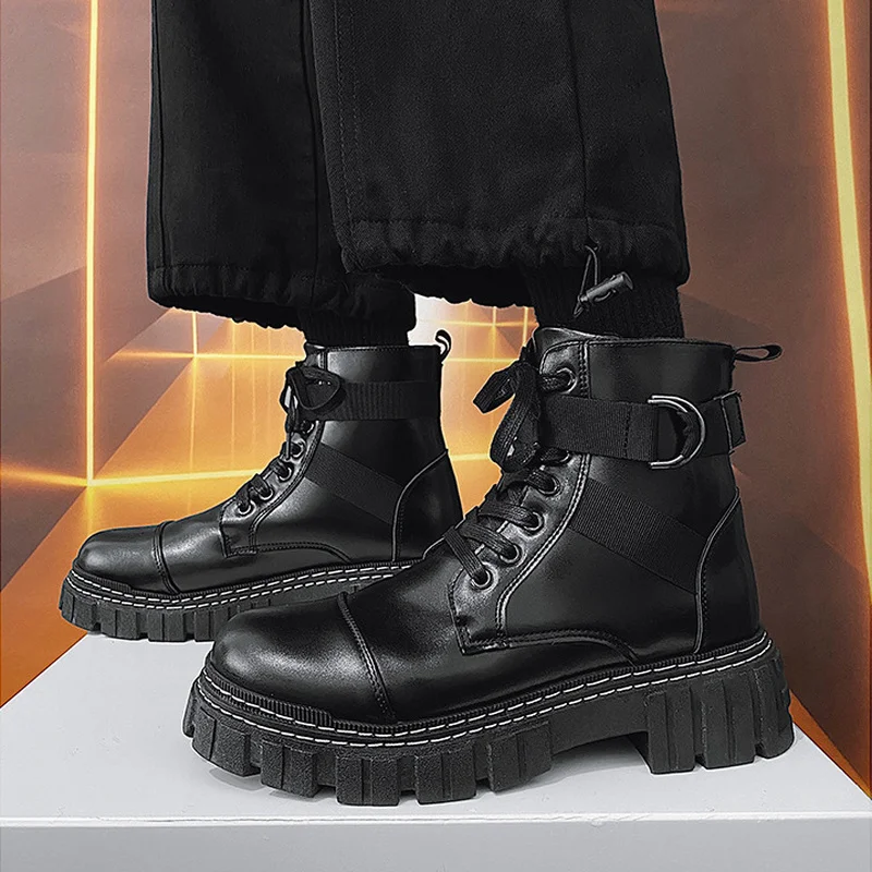 Autumn Martin Boots Leather High-top Motorcycle Shoes Fashion Platform Shoes Black Mens Shoes Non-slip Mens Safety Shoes