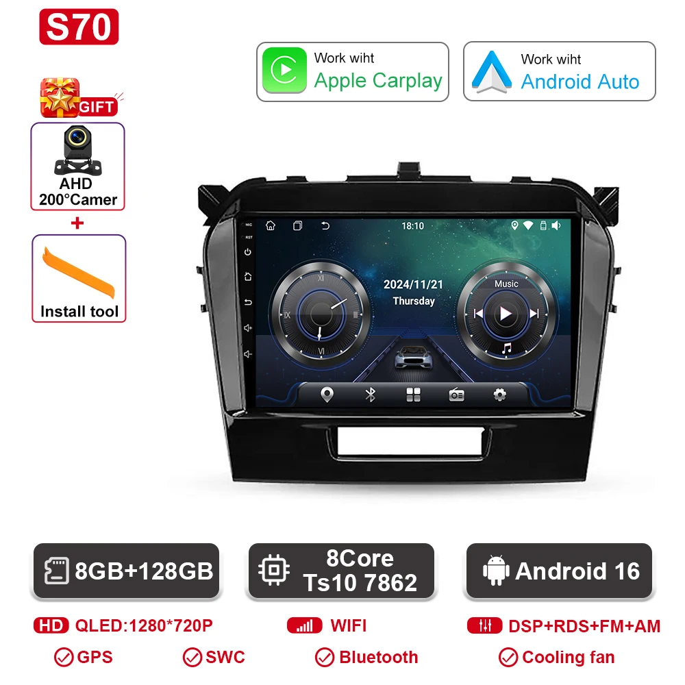 

Автомагнитола Android для Suzuki Vitara 4 2017-2022, мультимедийная система с GPS-навигацией, видеоплеером, беспроводным CarPlay, Bluetooth, DSP, RDS