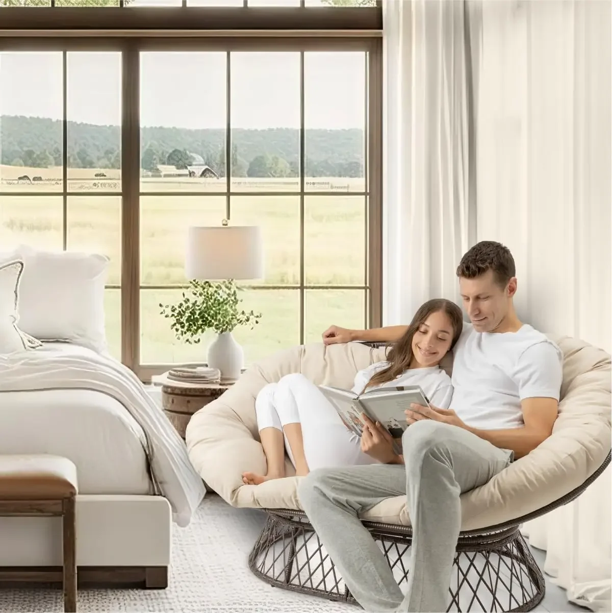 Для двухместного стула Papasan Loveseat с бежевой подушкой и коричневой рамкой для