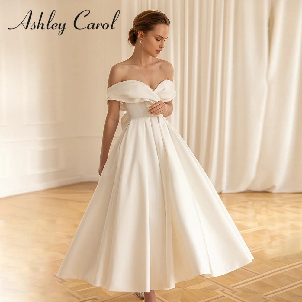 

Короткое свадебное платье Ashley Carol, 2023, простое атласное платье с открытыми плечами, длиной до щиколотки, с бантом и открытой спиной, ТРАПЕЦИЕВИДНОЕ свадебное платье, Vestidos De Novia