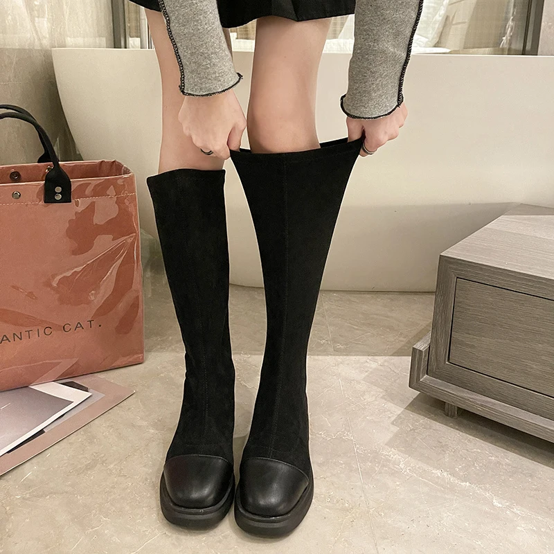 

Women Mid-tube Boots Shoes Round Toe Flat Heel Boots Women Autumn 2022 Over The Knee Low Heel Rome Basic Elastic Stocking Boots