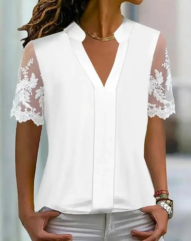

Elegant Lace Patch Notch Neck Top for Women Semi-Sheer Women's Casual New Clothing Summer Female Fashion Short Sleeve Blouses