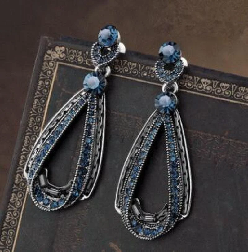

Vintage Antique Silver Color Blue Zircon Stone Dangle Drop Earring Women Retro Party Ethnic Style Accessories Female Earrings