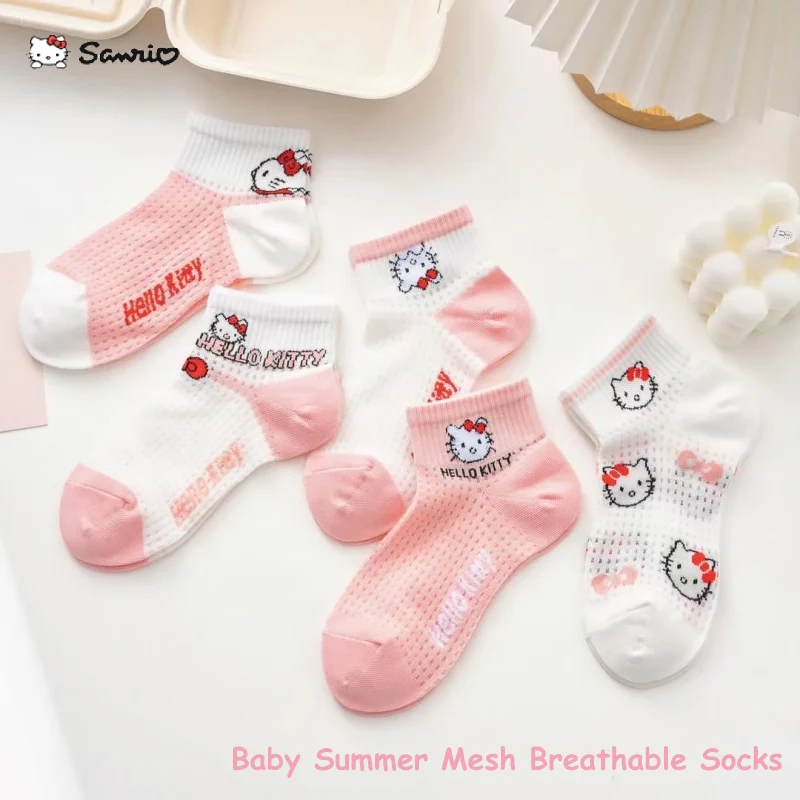 

5 Pairs Baby Summer Mesh Socks Kawaii Sanrio Hello Kitty Anime Cute Children Girl Cotton Breathable Short Sock 2-12 Years Old