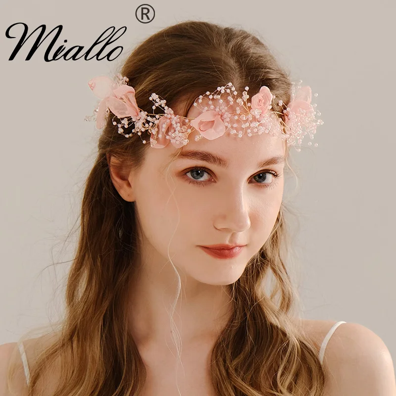

Розовый цветок ручной работы ободки для женщин Свадебные аксессуары для волос хрустальные ободки для волос вечерние головные уборы для нев...