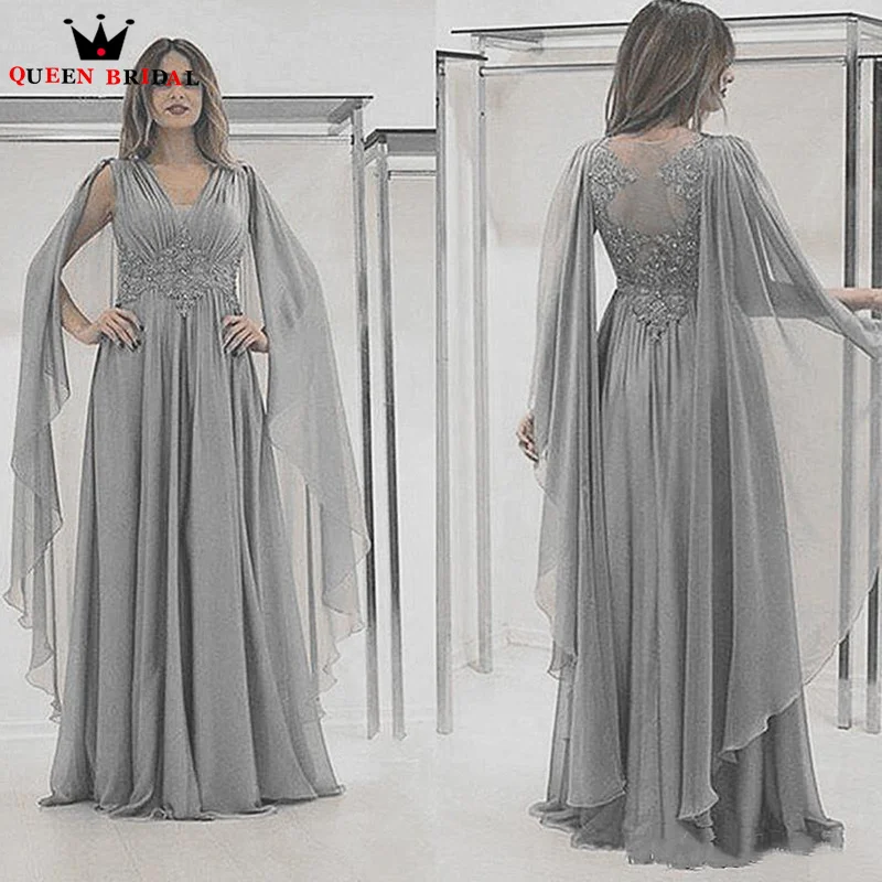 

Grey Chiffon Mother of the Bride Dress with Cape Silver Appliqued Lace Formal vestido madre del novio boda 2023 Custom Made DT46