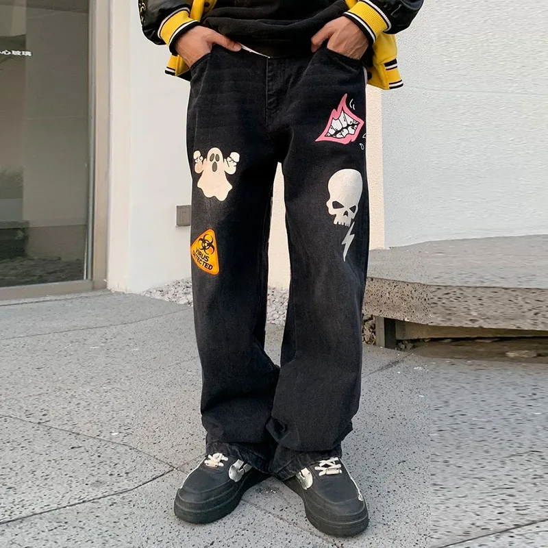 

High Street Black Color Skull Print Graffiti Straight Jeans for Male and Female Pockets Retro Wide Leg Casual Denim Trousers