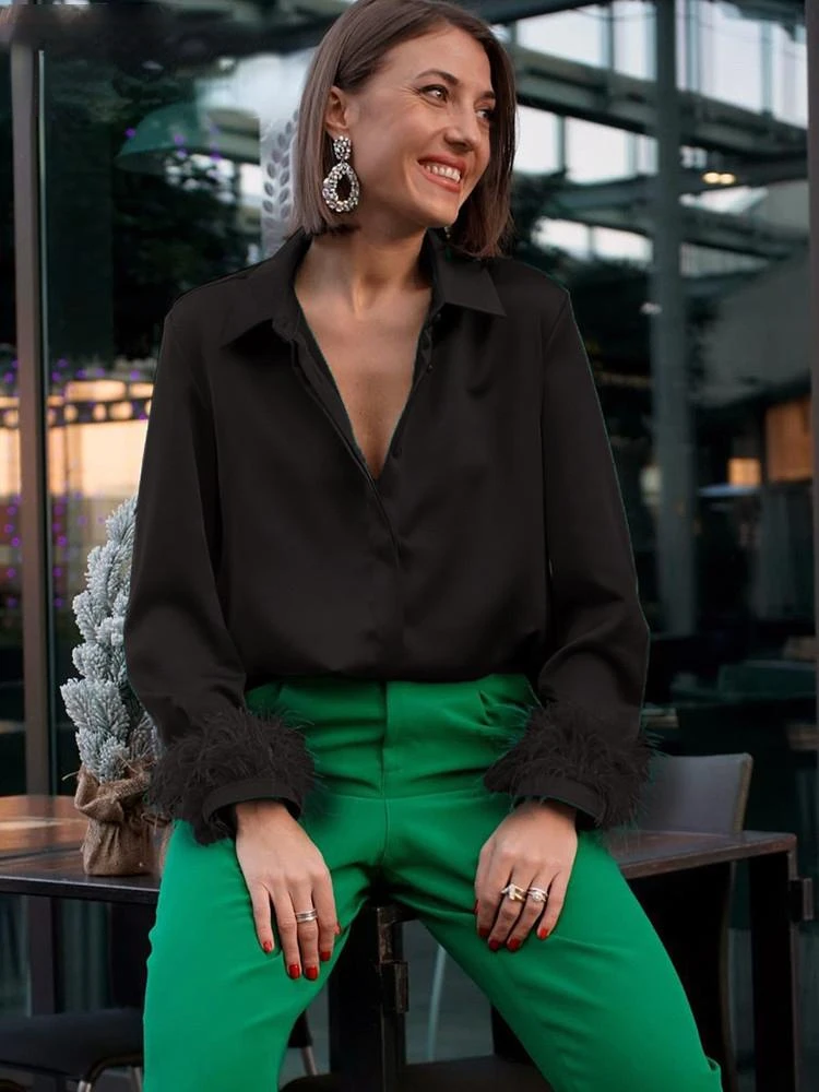 

NEW 2023 2022 Sexy V Neck Feather Satin Blouse Shirts Women Long Sleeve Button Elegant Lady Shirt Top Vintage Clothes Autumn