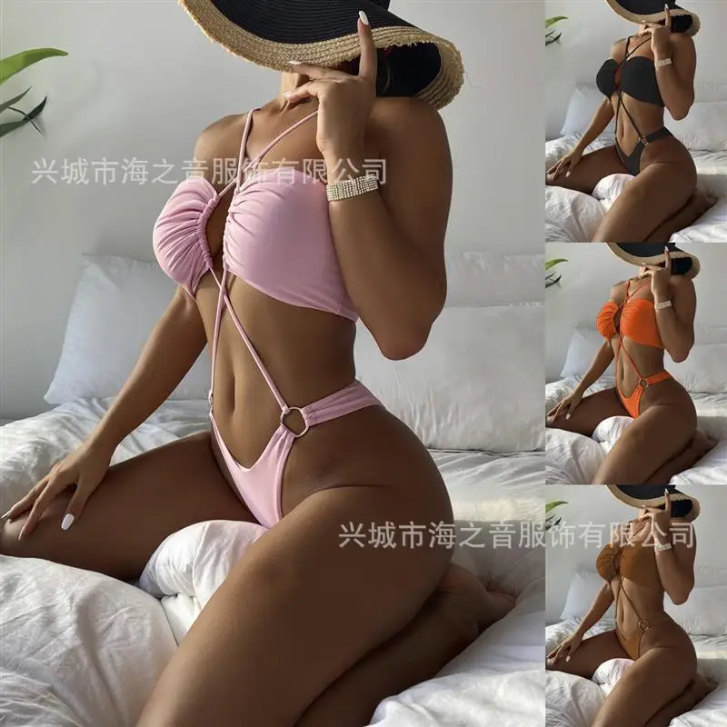 

Bikini Fashion Sexy One-Piece Swimsuit One-Piece Swimsuit Pure Color Bikini European and American Swimwear Tied Swimsuit Female