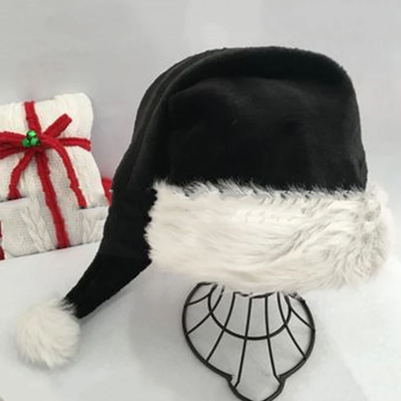 

75cm Adult Black Plush Long Christmas Hat Xmas Costume Pompom Santa Claus Cap Dropship
