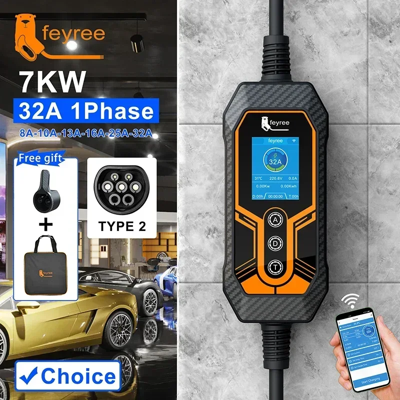 Feyree Портативное зарядное устройство для электромобилей Type2 32A 7KW EVSE Регулируемый