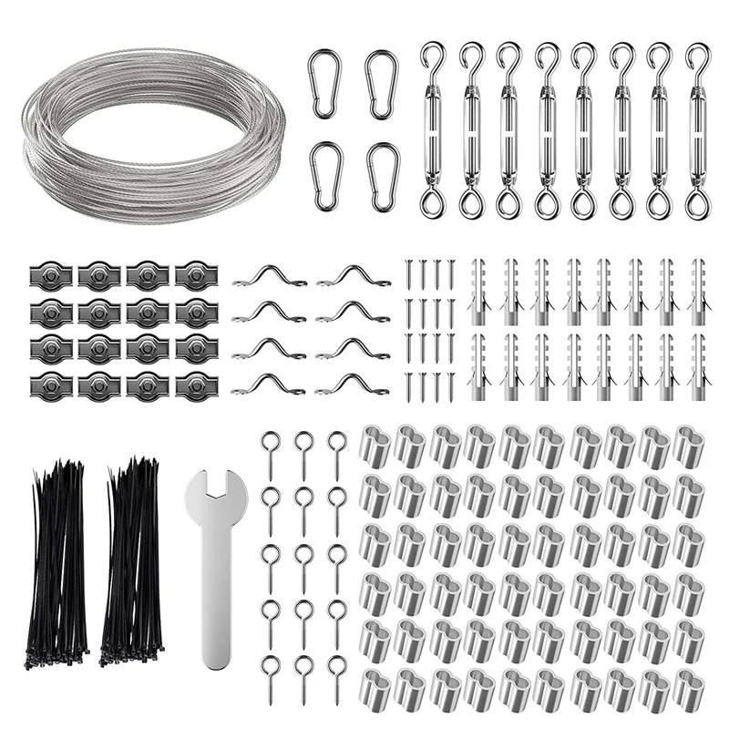 

60M Garden Wire Cable Railing String Lights Hanging Kit With Duty Stainless Steel Cable Rope, Turnbuckle Wire Tensioner