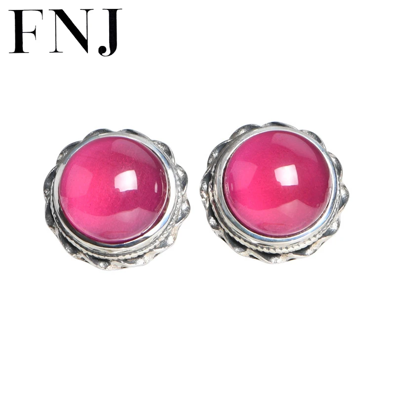 

FNJ Flower Earrings 925 Silver Original Pure S925 Sterling Silver Stud Earring for Women Jewelry Luck Round Rose Corundum